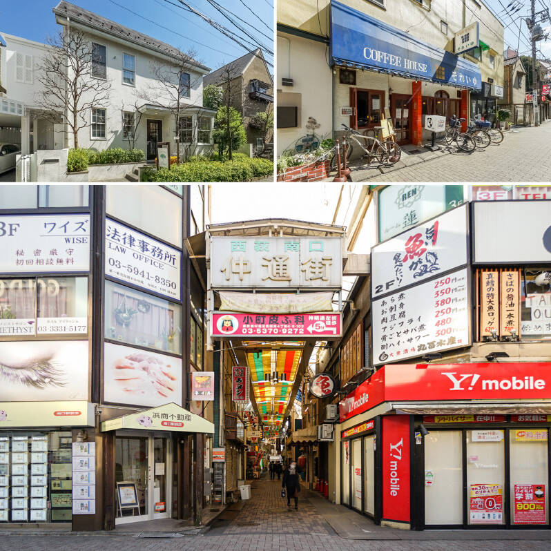 <b>左上・</b>2020年に創業55年を迎えた老舗喫茶「それいゆ」。中には大きな水出し焙煎機が。滴るコーヒーを眺めて、ゆっくり流れる時間をお楽しみください。(徒歩5分)/<b>右上・</b>清楚で落ち着いた雰囲気のカフェ「Tea&Cake Grace (ティーアンドケーキ グレース)」。美味しい紅茶とケーキをいただけます。(徒歩4分)/<b>下・</b>駅南口でレトロな雰囲気を放っているのが「仲通街商店街」。アーケードの下に飲食店や雑貨店など個性的なお店がぎゅっと集まっています。(徒歩5分)