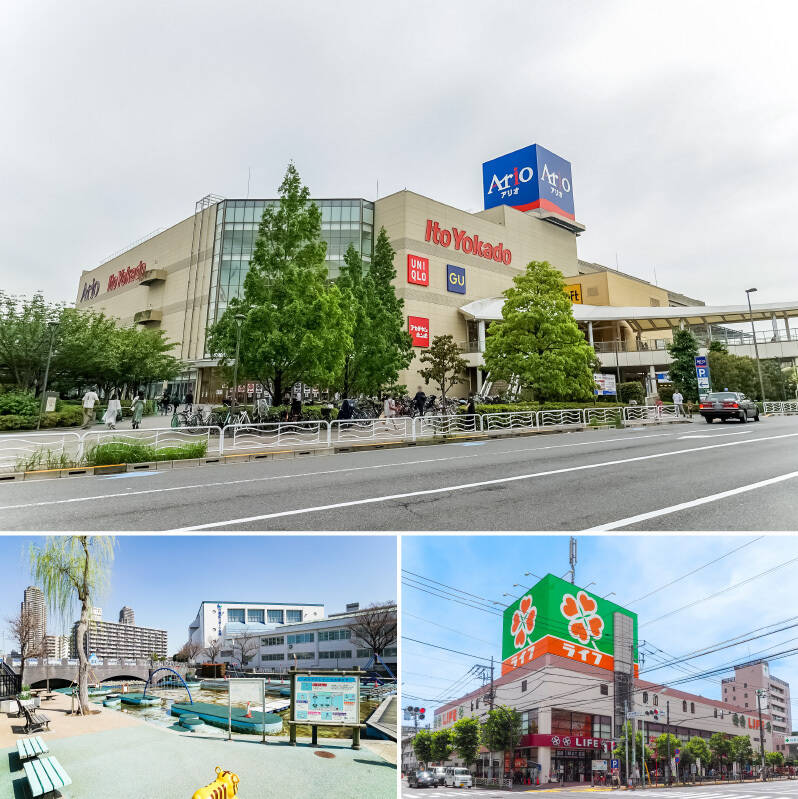 <b>上・</b>大型ショッピングモール「アリオ北砂」。売り場が広く、多彩なテナントが入っているので、日用品からファッションなど一通りのアイテムは揃いそう。(徒歩14分)/<b>左下・</b>無料で遊べる水上アスレチックがある「横十間川親水公園」。横十間川水門橋改築工事に伴い2027年4月末まで休場予定ですが、再開後は夏場のお出かけスポットとして大活躍してくれそうですね!(徒歩1分)/<b>右下・</b>食料品はもちろん、医薬品や衣料品、書籍も扱う大型スーパー「ライフ 深川猿江店」。9:30から24:00まで営業しているのも心強い!(徒歩8分)