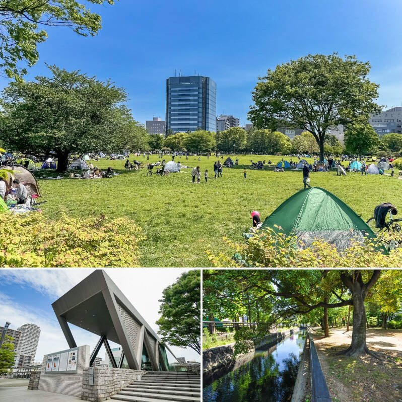<b>上・</b>徒歩7分の距離にある「木場公園」。デイキャンプやバーベキューが楽しめ、周辺住民の憩いの場になっています。／<b>左下・</b>木場公園に隣接する「東京都現代美術館」。わざわざ足を運びたくなるユニークな展示が魅力です。（徒歩19分）／<b>右下・</b>「仙台堀川公園」は都内最大の親水公園。7つの森や釣り堀、川遊びのできる施設などレジャーにも最適です。（徒歩7分）