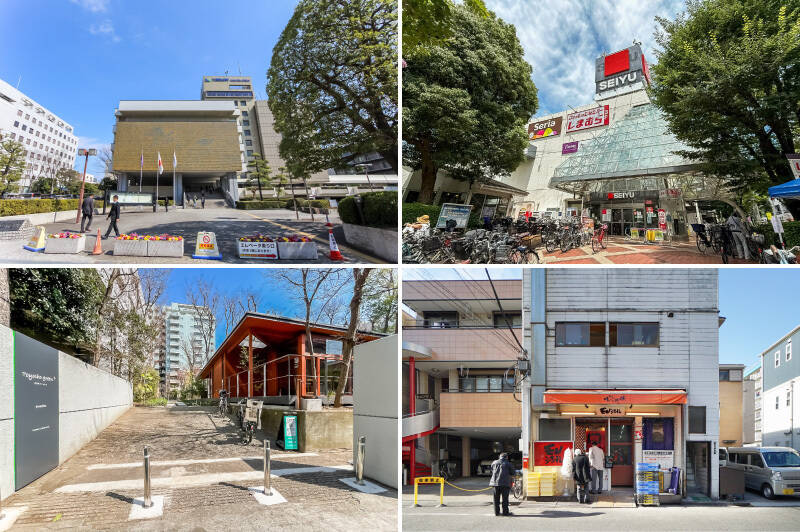 <p><b>左上・</b>「江東区役所」まで徒歩5分！ 行政の手続きはパパッと済ませられます。／<b>右上・</b>周辺に大きなスーパーがたくさんあるのも魅力。こちらは100円ショップも入る「西友 東陽町店」。スーパーはうれしい24時間営業です。（徒歩8分）／<b>左下・</b>オシャレなカフェだってありますよ！「goodcoffee 東陽町 by goodroom」は気持ちのいいサードプレイスとしてお使いください。（徒歩9分）／<b>右下・</b><a href="https://cowcamo.jp/magazine/column/toyocho_moncher" target="_blank" rel="noopener noreferrer">以前カウカモマガジンでも取材させていただいた「モン・シェール アヴニール東陽町工場」</a>が徒歩1分の距離に！ なんとこちらも24時間営業。いつでも焼きたてのデニッシュ食パンが購入できるのです◎</p>