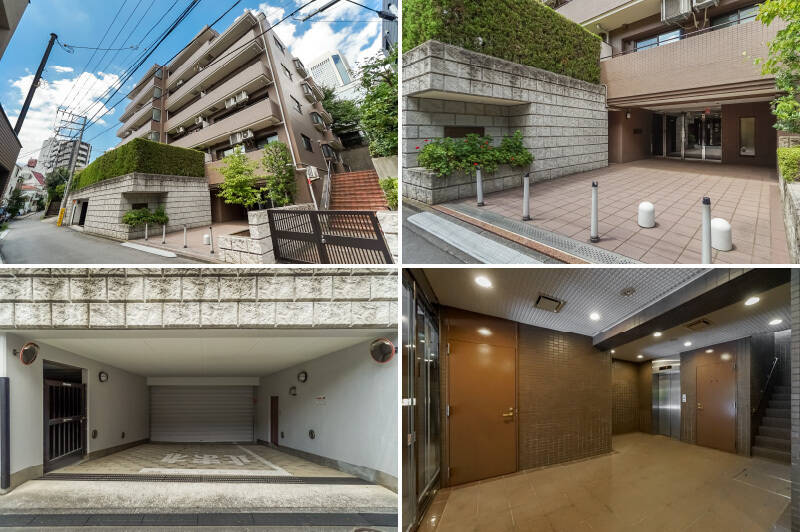 <b>左上・</b>マンションは1996年築で、総戸数は20戸と比較的小規模。直近では2022年に<b>大規模修繕工事</b>を実施済みです。／<b>右上・</b>奥へたっぷりと引き込むエントランスアプローチ。石垣や綺麗に刈り込まれた植栽に品のよさが漂っています。／<b>左下・</b>エントランス横にはマンションの駐車場が。ご紹介の住戸には駐車場1区画の所有権が付属していますよ！／<b>右下・</b>共用部にはオートロックや宅配ボックスを完備しています。管理人さんは週4日・午前中のご勤務です。