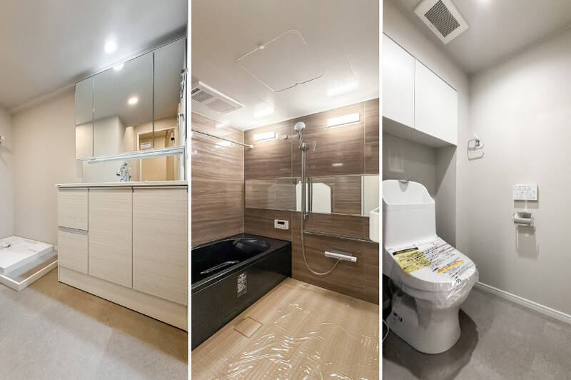 洗面化粧台とトイレは新規交換済み。バスルームは1620サイズで広々〜!