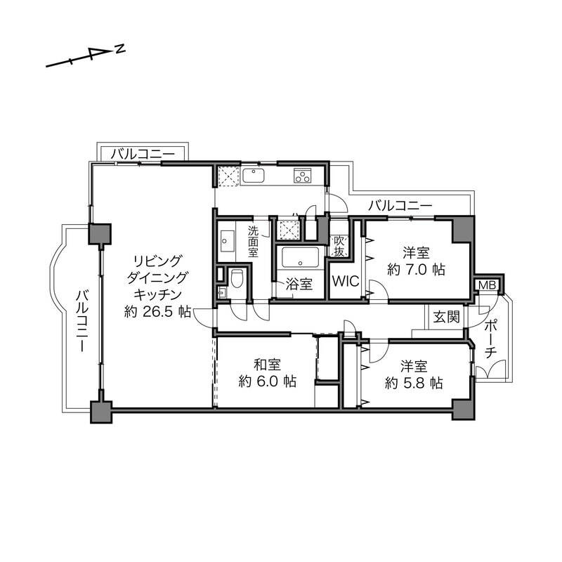 住戸の専有面積は<b>約103㎡</b>。現状の間取りを活かしつつ内装を自分好みにリノベーションしたり、LDKを隣接する和室部分まで拡張してみたりと、ライフスタイルに合わせた理想の間取りを実現できそうです♪<p><br></p><p>■ 現況の間取り：3LDK+WIC</p>