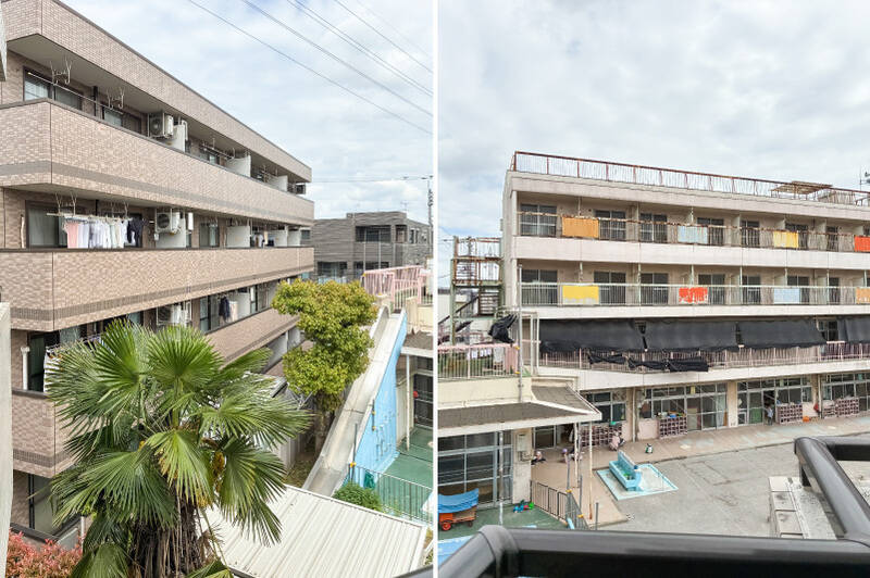 バルコニーの正面には、隣接する保育園の園舎と園庭が見えます。日中は子どもたちの元気な声が聞こえてくるタイミングもあるかもしれないので、気になる方は現地でもご確認くださいね。
