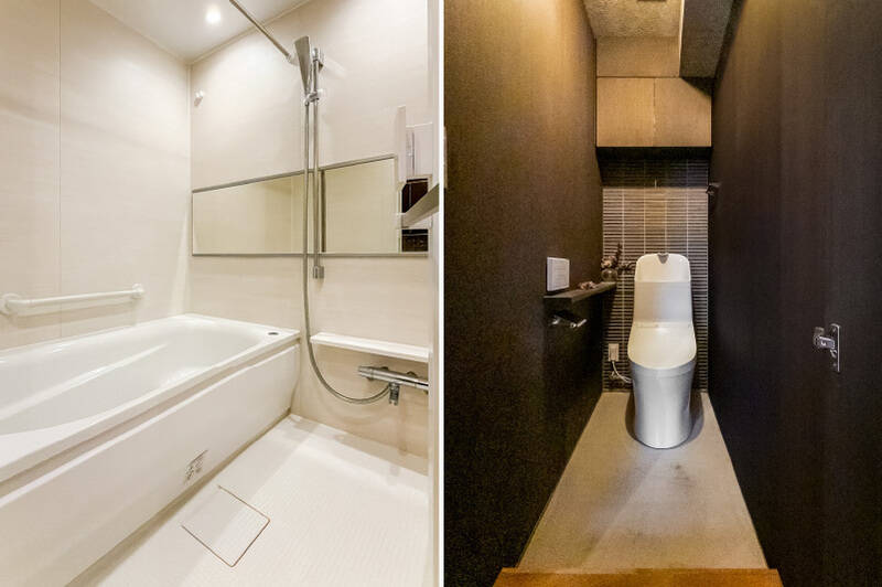 <b>左・</b>ユニットバスは1416サイズ。／<b>右・</b>トイレはキッチン横の扉からアクセスできます。