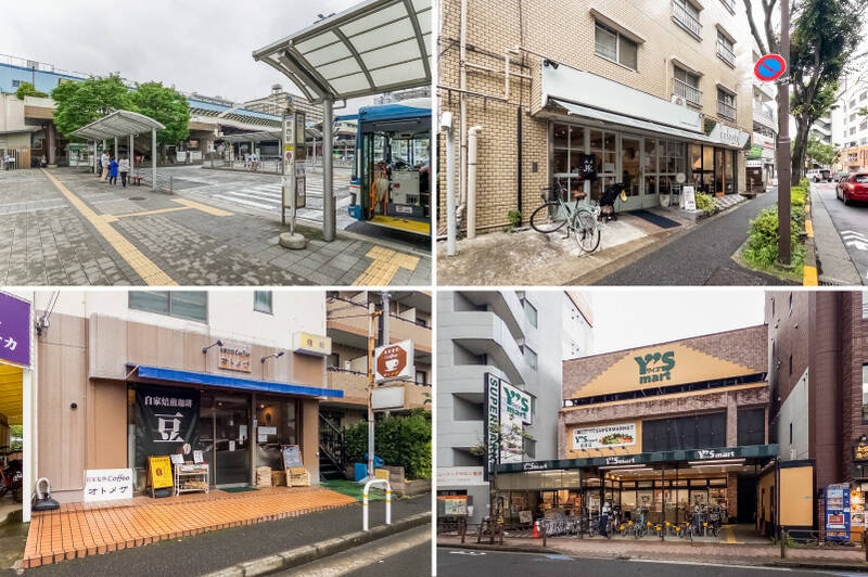<b>左上・</b>最寄りの東京メトロ東西線「葛西」駅までは徒歩10分。／<b>右上・</b>葛西駅近くには店内カフェでこだわりのパンやデリを楽しめるベーカリーカフェ「gonno bakery cinq（サンク）葛西」が。（徒歩10分）／<b>左下・</b>店内で焙煎したコーヒー豆を購入できる「自家焙煎coffee オトメザ」。店内では挽きたて・淹れたてのコーヒーを楽しめます。（徒歩7分）／<b>右下・</b>24時間営業している駅前スーパー「ワイズマート 葛西店」は、日常の心強い味方になりそう。（徒歩13分）
