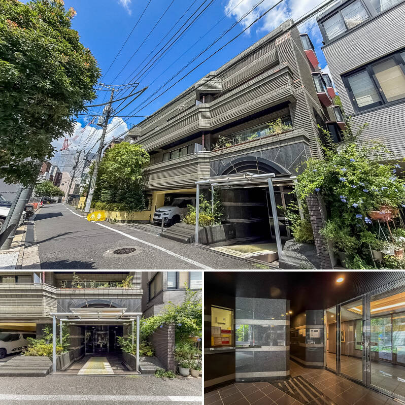 賑やかな表通りから住宅街に入った閑静なエリアに建っています。1990年築で重厚な外観が特徴。エントランスにはオートロックが備わっており、管理人さんは週6日、2時間ほど巡回でいらっしゃいます。