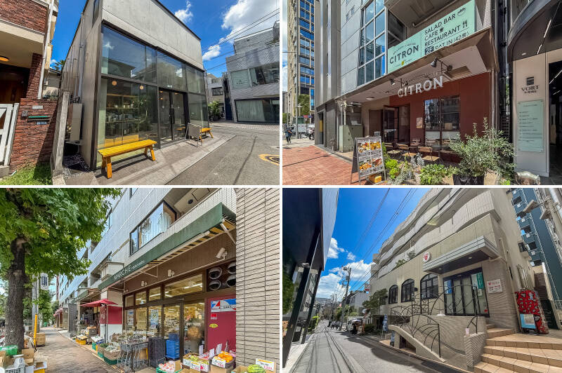 <b>左上・</b>10種類以上の豆から選べる「TAOCA COFFEE 南青山店」。（徒歩3分）／<b>右上・</b>ベジタリアン、ヴィーガン対応のフレンチサラダバー「CITRON」。（徒歩9分）／<b>左下・</b>高級スーパーばかりかと思いきや、鮮魚や旬の野菜、果物をリーズナブルに販売している「MARCHE Nishi Azabu」が徒歩4分の距離に。／<b>右下・</b>ジョギングや散歩のあとに立ち寄りたい「南青山 清水湯」。（徒歩7分）