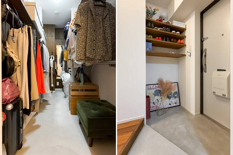 <b>左・</b>めちゃくちゃ頼りになりそうな、ひろ〜いWIC。お洋服も家電もスーツケースも、すべてここにまとめればOK！ なんて効率的なんでしょう！／<b>右・</b>下足入れはガチャ柱のオープンタイプなので、高さを自在にアレンジ可能です。