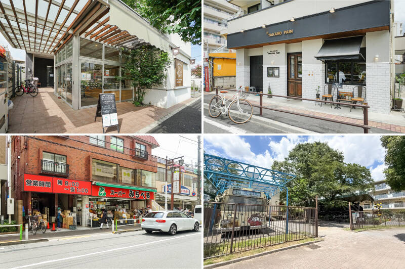 <b>左上・</b>志村三丁目方面にあるパン屋さん「grande pierre（グランピエール）」。毎日食べても飽きのこないパンづくりを追求しているのだとか。イートインスペースもありますよ！（徒歩10分）／<b>右上・</b>蓮根駅の反対側にはブーランジェリー「&amp;TAKANO PAIN（タカノパン）」（徒歩10分）。もっちり生地が美味しいと評判です。素敵なパン屋さんが家のまわりに点在してるのって、ちょっと贅沢ですよね♡／<b>左下・</b>スーパー「みらべる」は日替わり超特価品に注目です！（徒歩7分）／<b>右下・</b>「板橋区立 城北交通公園」には “デゴイチ” やミニSL、都バスなどの展示が。（徒歩3分）