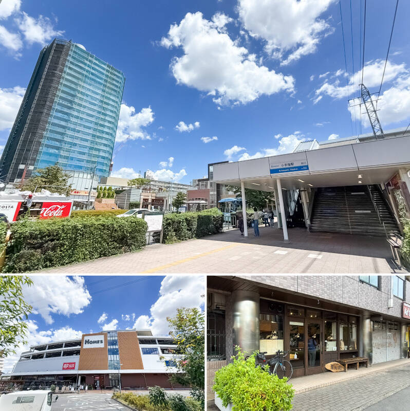 <b>上・</b>西武池袋線「小手指」駅（徒歩11分）からビッグターミナルの「池袋」駅までは、乗り換えなしで約38分。さらに、少し時間はかかるものの「渋谷」駅や「横浜」駅へも直通でアクセス可能です。／<b>左下・</b>「ホームズ所沢店」には、ホームセンターに加えて、食品スーパーの「ロピア」、100円ショップ、フードコートなどが入っています。日用品から食料品まで、日々の買い物をまとめて済ませられるのは便利◎（徒歩5分）／<b>右下・</b>地元の素材を活かしたパンが魅力のベーカリー「麦兵衛」。埼玉県産の小麦や狭山の抹茶、地元の豆腐屋さんの豆乳などを使った、種類豊富なパンが楽しめます。（徒歩9分）