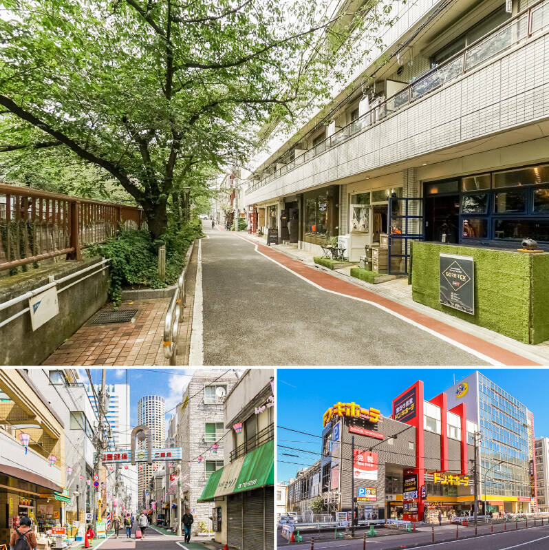 <b>上・</b>今回の舞台は「中目黒」。マンションは、洗練されたショップが並ぶ “目黒川沿い” が日常使いできる距離です。おしゃれなカフェやアパレルショップなどが溢れるこの街の魅力は言わずもがな。（徒歩2分）／<b>左下・</b>全長約900メートル、約170店の個性的なショップが並ぶ「目黒銀座商店街」。最新のトレンドが集まる一方で、こんなローカル感が残っているのもここ「中目黒」の魅力。売主さまもよく商店街に買い物がてらお散歩に行かれるのだとか！（徒歩5分）／<b>右下・</b>24時間営業の「ドン・キホーテ 中目黒本店」は、何かと頼りになる存在！（徒歩7分）