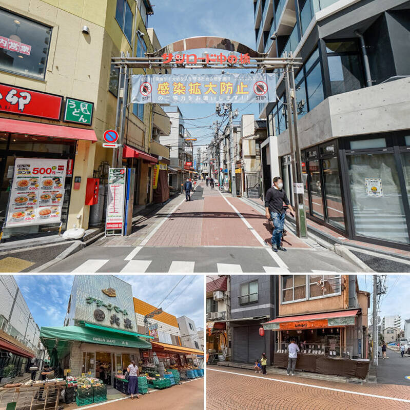 <p><b>上・</b>「サンロード中の橋」は、約300mにわたってさまざまなお店が軒を連ねる商店街。地域の暮らしを支える存在です。15時から20時までは歩行者天国となり、買い物客で賑わいます。（徒歩5分）／<b>左下・</b>商店街の中にある、地元で親しまれているスーパー「グリーンマート 大友」。（徒歩4分）／<b>右下・</b>安くておいしいと評判の「しのふじ」。お弁当やお惣菜が並び、揚げ物も人気です。（徒歩6分）</p>
