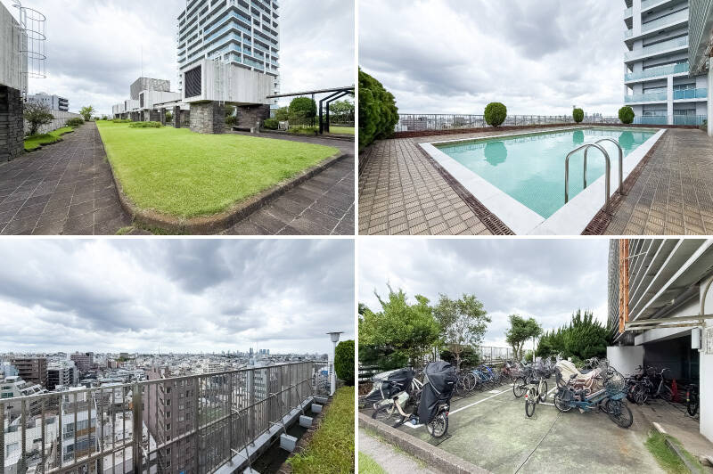 <b>左上・</b>きちんと手入れされた芝生から誇りとプライドを感じる屋上庭園。構造物の間がコリドーのようになっていて、所々にベンチが配されています。／<b>右上・</b>夏に開放されるプール。屋上にプールがあるヴィンテージマンションはいくつか存在しますが、いまだ現役なのはとてもレア。／<b>左下・</b>こんな景色を眺めながらスイミング……贅沢すぎます。／<b>右下・</b>エレベーターに乗せる必要がありますが、住民専用の駐輪場（無料）までありますよ。