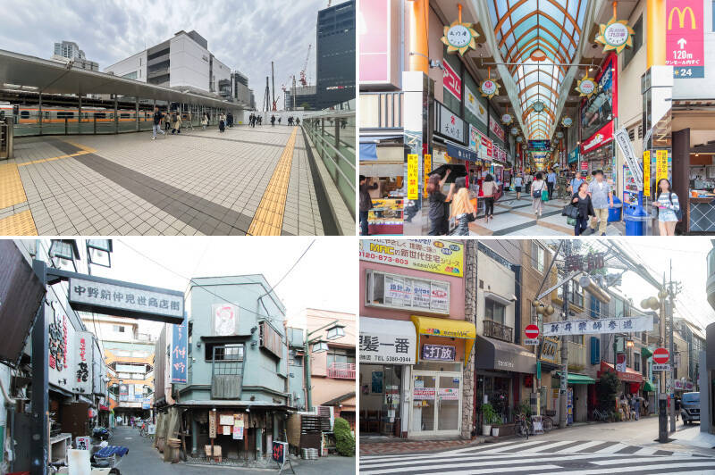 <b>左上・</b>「中野」は駅前を中心に再開発が進行中。2026年12月には駅ビル「アトレ中野」が開業予定です。（徒歩4分）／<b>右上・</b>駅からはこの「中野サンモール商店街」のアーケードをまっすぐ歩けばOK。つまり、駅まで傘いらずです。突き当たりに「ブロードウェイ」の入り口がありますよ。／<b>左下・</b>建物から外に出れば呑兵衛さんを魅了してやまない「中野新仲見世商店街」が待ち受けています。（徒歩1分）／<b>右下・</b>早稲田通りを渡った先の「薬師あいロード商店街」もまたローカルな雰囲気たっぷりで、散策するのにもってこいのスポットです。（徒歩2分）