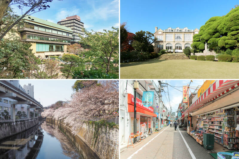 <b>左上・</b>日本庭園が見事な「ホテル椿山荘東京」。ゲストが訪ねてきた際宿泊先としてご案内するのはもちろん、庭園を眺めながら会食が楽しめるカフェテリアやレストランも日常使いしたいですね。（徒歩13分）／<b>右上・</b>大正時代に建てられた英国式洋館「鳩山会館」。現在は一般公開されています。（徒歩7分）／<b>左下・</b>桜並木が美しい神田川沿い。お散歩コースにぴったりです。（徒歩3分）／<b>右下・</b>昔懐かしい雰囲気が漂う「江戸川橋地蔵通り商店街」。コーヒースタンドや手焼きのお煎餅屋さんなど、ほっとひと息つけるお店が並んでいます。（徒歩6分）