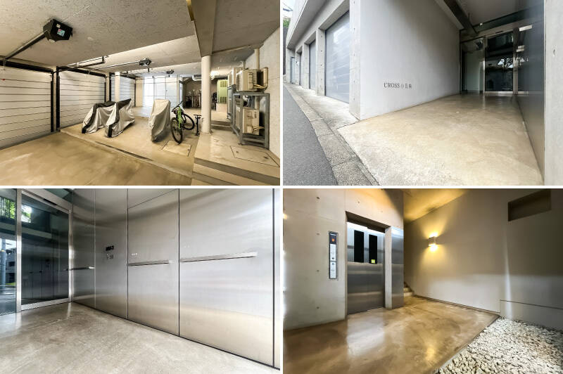 <b>左上・</b>今回ご紹介する住戸には、<b>シャッター付き屋内駐車場の専用使用権が無償で付帯します</b>。／<b>右上・</b>改めて、大日坂に面するエントランス。／<b>左下・</b>一面ステンレスの壁ですが、よく見るとオートロックや郵便箱の扉が。／<b>右下・</b>エントランスはL階（ロビー階）扱いで、エレベーターもしくは階段で1階へ向かいます。