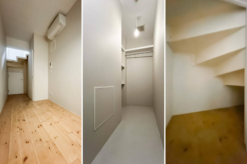 <b>左・</b>一部階段の側面が灯り取りになっています。ふたつの扉を順に開けると……／<b>中央・</b>納戸のように使えそうな、約2.8帖のサービスルームB。／<b>右・</b>階段下収納もありました。