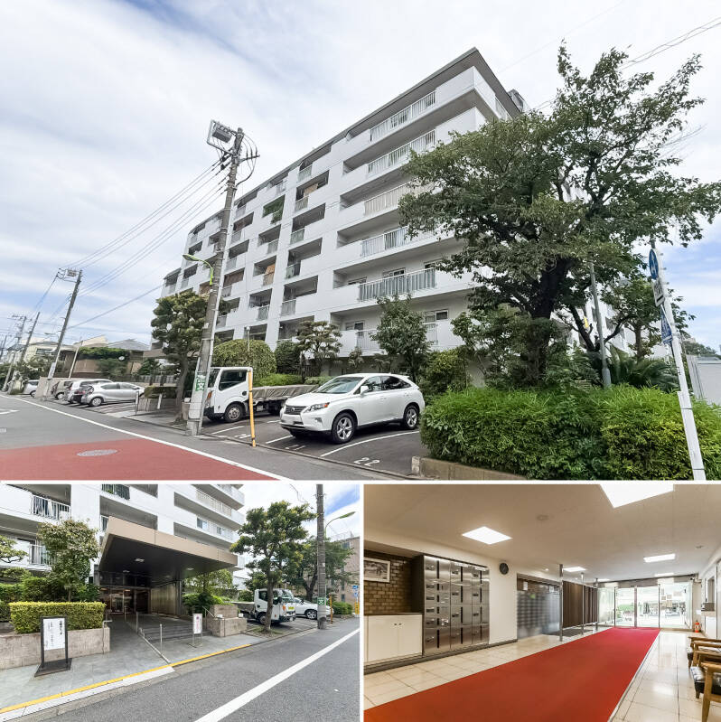 <b>上・</b>閑静な住宅街に佇む、総戸数158戸の大規模マンション。白い外壁にグリーンが映える、誠実な印象の佇まいです。/<b>左下・</b>スロープ付きのエントランス。/<b>右下・</b>レッドカーペットが印象的なエントランスロビー。宅配ボックスを完備しています。<p><br></p><p>■ 竣工:1972年</p><p>■ 管理員:週6日間勤務(8:00~17:00)</p><p>■ 駐車場:屋外平面式(16,000~23,000円/月)</p><p>■ 修繕履歴:耐震改修スリット工事(2024年)/屋上防水工事(2020年)/窓サッシ全面更新工事(2014年)等</p>