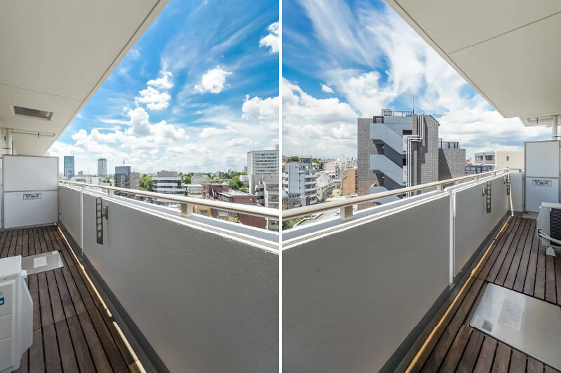 バルコニーは南西向き。マンション自体は山手通り沿いに建っているのですが、通りとほぼ正反対の方向を向いているため、車の音は特に聞こえてきませんでしたよ。音の聞こえ方は個人差があるので、心配な方は現地にてお確かめくださいませ。