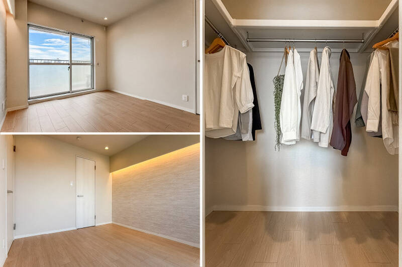 <b>左・</b>バルコニーに面した洋室B。／<b>右・</b>ウォークインクローゼット（WIC）が備わっています。季節家電なども収納できそうな広さです◎