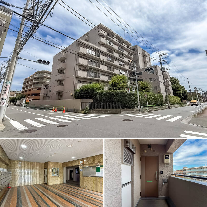 最寄りは西武池袋線「練馬高野台」駅（徒歩9分）。2022年に大規模修繕工事を実施しており、共用部はきれいに保たれている印象です。今回ご紹介した住戸は、6階の三方角に位置します。
