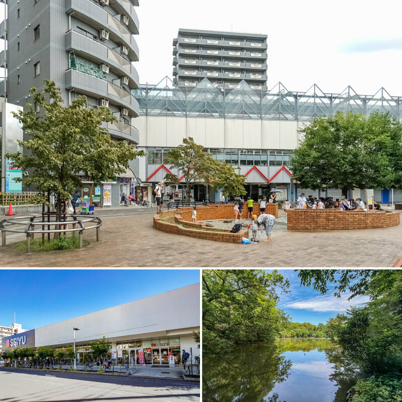 <b>上・</b>西武池袋線「練馬高野台」駅からビッグターミナルの「池袋」駅までは乗り換えなしで乗車約18分。都心方面へのアクセスもスムーズです！／<b>左下・</b>バルコニーからも見えた「西友高野台店」までは徒歩2分の距離。24時間営業なのもありがたい◎／<b>右下・</b>豊かな緑に囲まれた「石神井公園」までは自転車で約9分の距離。ボート乗り場やアスレチック広場などがあり、休日のお出かけ先にもぴったりです。