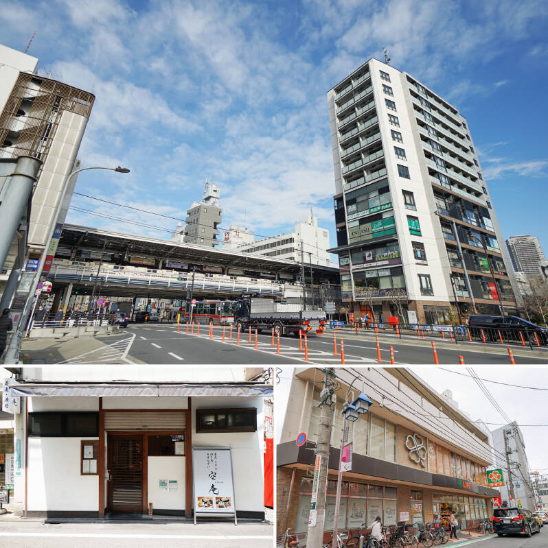 <b>上・</b>今回は東京メトロ日比谷線・東急東横線「中目黒」駅から<b>徒歩2分</b>の物件をご紹介。駅から近いのは、毎日通勤する方にとって嬉しい要素になりそうですね。／<b>左下・</b>『今日は自炊したくないな……』そんな時は近所の「蕎麦酒処 空庵（くうあん）」で蕎麦と酒を嗜むのはいかが？（徒歩3分）／<b>右下・</b>毎日のお買い物には「ライフ 中目黒店」が便利。深夜0時まで営業しているのは、なんとも心強い！（徒歩1分）