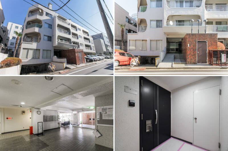 <b>左上・</b>丸みを帯びたファサードが愛らしい、総戸数27戸のマンションです。1974年竣工と築年数は経っていますが、煤けた感じのない綺麗なお姿です。／<b>右上・</b>エントランスにはスロープがあり、ベビーカーやスーツケースを押しての移動も便利そう。／<b>左下・</b>隅々まで清掃が行き届いたロビー。集合ポストの向かいには管理人室があります。／<b>右下・</b>こちらが、ご紹介の住戸のある3階の共用廊下です。玄関扉は比較的新しく、重厚感のあるダブルロック式のものに更新されていました。