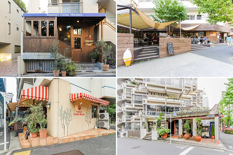 <b>左上・</b>新鮮なシーフードを使ったイタリアンの名店「Bogamari Cucina Marinara（ボガマリ クチーナ マリナーラ）」。その日仕入れた魚介を使い、一番美味しい調理方法で提供してくれます。（徒歩5分）／<b>右上・</b>自家焙煎コーヒーとパイ専門店「THE DECK COFFEE &amp; PIE（ザ デック コーヒー&amp;パイ）」。半オープンのテラスでランチを。（徒歩7分）／<b>左下・</b>「trattoria Tanta Bocca（トラットリア タンタ ボッカ）」は、カジュアルに本格イタリア料理をいただける人気店。生パスタが美味しいんです♡（徒歩4分）／<b>右下・</b>本場のメキシコ料理を楽しめる「Fonda De La Madrugada（フォンダ・デ・ラ・マドゥルガーダ）」。このお店が入る建物は、ヴィンテージな雰囲気でとても素敵なんですよ！（徒歩9分）