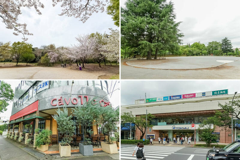 <b>左上・</b>桜が見事に咲き誇る「宮前美しの森公園」。お花見シーズンは、こちらでレジャーシートを広げて楽しんじゃいましょう。（徒歩3分）／<b>右上・</b>「美しが丘公園」。お子さまがのびのび遊べる広場、のぼりネットや地下迷路が大人気のログハウスもありますよ。（徒歩5分）／<b>左下・</b>「Cavollo Cafe（キャボロカフェ）」では、イタリア直輸入の薪窯で一気に焼き上げるグリル料理や本格的なナポリピッツァを楽しめます。（徒歩7分）／<b>右下・</b>駅前には「東急百貨店 たまプラーザ店」があり、ファッションに家具家電、レストランにスーパーまで、暮らしに必要なものがなんでも揃っています。（徒歩11分）<br>