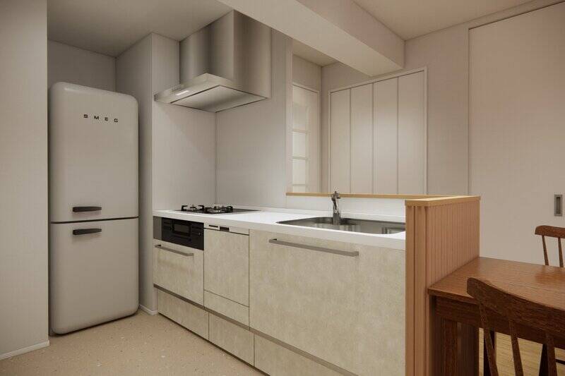 キッチンはコミュニケーションが捗る対面型を採用。画像のようにダイニングテーブルを横並びに配置すれば、お料理のサーブもラクラクです。<p><br></p><p>■ 設備:食洗機/浄水器</p><p>■ 熱源:グリル付き3口ガスコンロ</p>