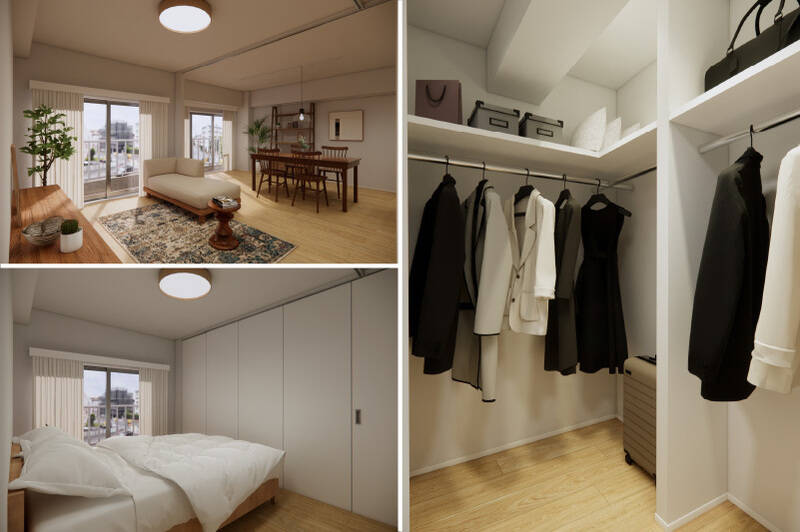 <b>左上・</b>こちらは洋室AをLDKと一体で使用する場合のイメージ。画像のように、大きめの家具もゆとりを持って配置できそうです。/<b>左下・</b>個室として使用する場合はこんな感じ。ライフスタイルの変化に合わせて間取りを変更できるのは、長く暮らすうえでうれしいポイントですね!/<b>右・</b>洋室Aにはウォークインクローゼット(WIC)を完備。季節家電やスーツケースなど、大型の物を収納できる広さを確保しています。