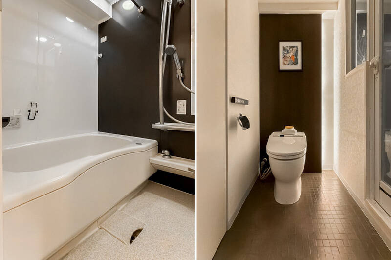 <b>左・</b>ユニットバスは1316サイズ。／<b>右・</b>洗面室の突き当たりにはトイレがあります。
