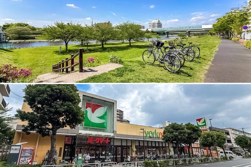 マンション周辺には、「大島小松川公園」（写真上・徒歩13分）をはじめ大小さまざまな公園が点在しています。荒川や小名木川もすぐ近くを流れ、休日の散歩やお子さまとの外遊びにも事欠かない環境です。<div><p><br></p><p>■ 写真下：ヨークマート 東砂店（徒歩2分）</p><p>■ アクセス：「大島」駅から「新宿」駅まで乗り換えなし約28分</p></div>