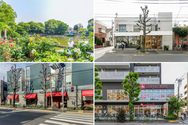 <b>左上・</b>うさぎやモルモット、ポニーと触れ合えたり、土日祝日にはボート遊びも楽しめる「碑文谷公園」。遊具が充実しているのでお子さまの遊び場にはもちろん、大人のお散歩スポットにもオススメです。（徒歩8分）／<b>右上・</b>マンションと同じ駒沢通り沿いにある「ONIBUS COFFEE 八雲店」。目覚めの一杯にいかがですか？（徒歩7分）／<b>左下・</b>ご近所にある「Patisserie Francaise Quatre（キャトル）柿の木坂本店」で色とりどりのケーキや自家製酵母パンをGETしましょう！（徒歩2分）／<b>右下・</b>食材のお買い物は駅前まで行かず、「東急ストア駒沢通り野沢店」にお任せを。（徒歩2分）