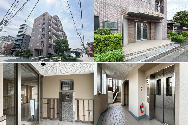 <b>左上・</b>新耐震基準を満たした全32戸の建物です。機械式駐車場があり、2026年8月時点では空きがあります。月額16,000円〜25,000円で利用可能です。／<b>右上・</b>植栽に囲まれたエントランス。／<b>左下・</b>オートロックのほか、宅配ボックスも付いています。管理人さんは週3日間、午後にいらっしゃいますよ。／<b>右下・</b>エレベーターに乗って住戸が所在する3階まで。