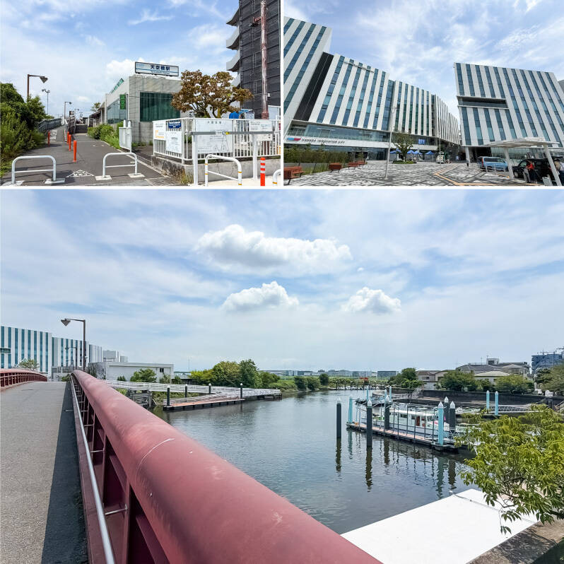 <b>左上・</b>最寄り駅は京急空港線・東京モノレール羽田空港線「天空橋」（徒歩6分）。「品川」駅まで乗車時間約20分、「横浜」駅まで乗車時間約25分、それぞれ直通運行しています。売主さま曰く、確実に座れてとても快適だそうですよ。／<b>右上・</b>天空橋駅に直結する大規模複合施設「羽田イノベーションシティ」（徒歩8分）。研究開発や先端医療研究が行われる一方、グルメやショッピング、屋上では足湯も楽しめ、様々なイベントも開催されています。／<b>下・</b>駅名にもなっている「天空橋」は海老取川の上に架かっています。川を渡って通勤する暮らし、とても気持ちがいいと思いますよ♡（徒歩3分）