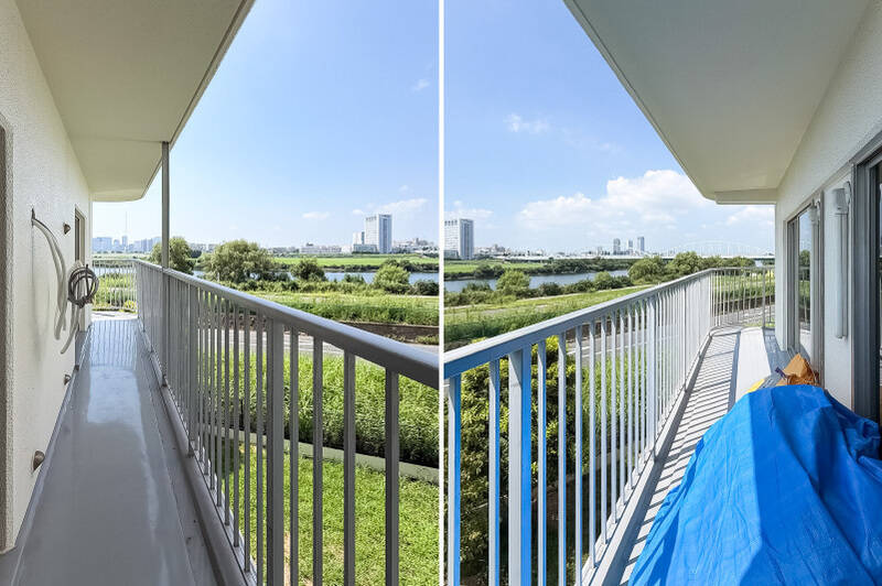 角住戸ということもあり、住戸に沿うように配されているL字バルコニー。LDKから洋室Bまで続いています。
