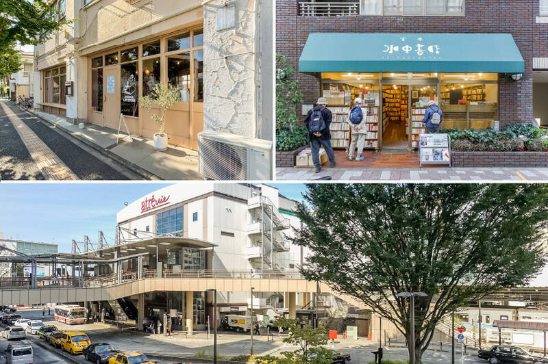 同じく徒歩12分の「三鷹」駅方面にも、味のあるお店が点在しています。<p><br></p><p>◾️内装も食事もすべてがオシャレなカフェ「STAYFUL（ステイフル）LIFE STORE」（左上・徒歩4分）</p><p>◾️掘り出し物が見つかる古書店「水中書店」（右上・徒歩8分）</p><p>◾️商業施設が直結する「三鷹」駅（下・徒歩12分）</p>