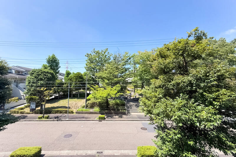 正面には、道路を挟んで公園が見えます。こちらもグリーンが広がっていて、気持ちいい〜！