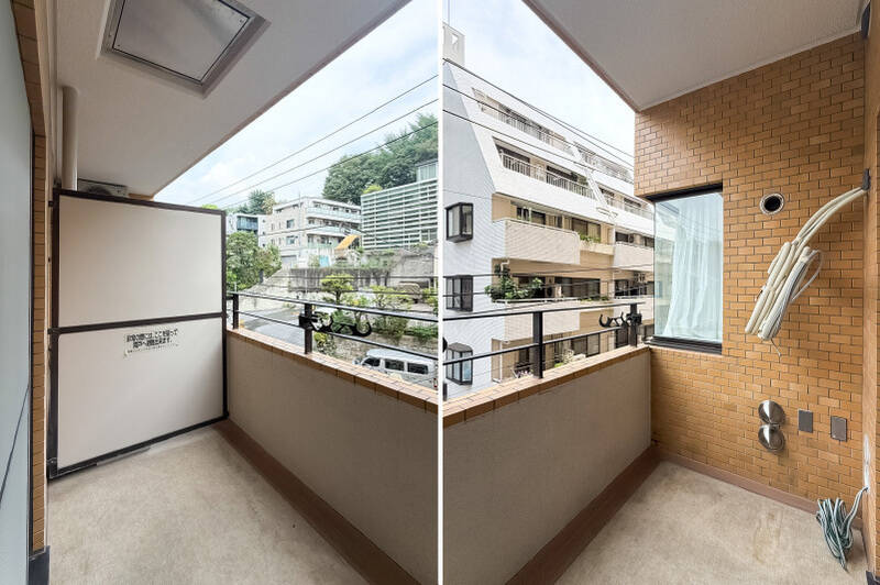奥行きが深めのバルコニー。物干し金具はフェンス部分に備わっています。