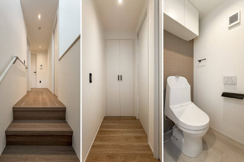 階段を上ると、各洋室へつながる扉が。廊下の突き当たりにはクローゼット、2階にもトイレが備わっています。