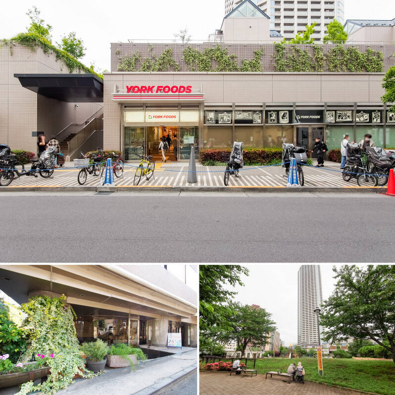 <b>上・</b>日々のお買い物は「ヨークフーズ 新宿富久店」が便利。23:00まで営業していますよ。また同じフロアには飲食店やドラッグストアも入居しており、小さな街のような環境がすぐそばにあります。（徒歩1分）／<b>左下・</b>本格的イタリアンレストラン「Osteria Vincero（オステリア ヴィンチェロ）」の食事はもちろん、お料理に合わせてセレクトしてくれるワインも絶品。記念日にぜひ！（徒歩2分）／<b>右下・</b>「富久さくら公園」には、広い芝生スペースやビオトープ、遊具などがあります。その名の通り春には美しい桜が咲きます。（徒歩2分）