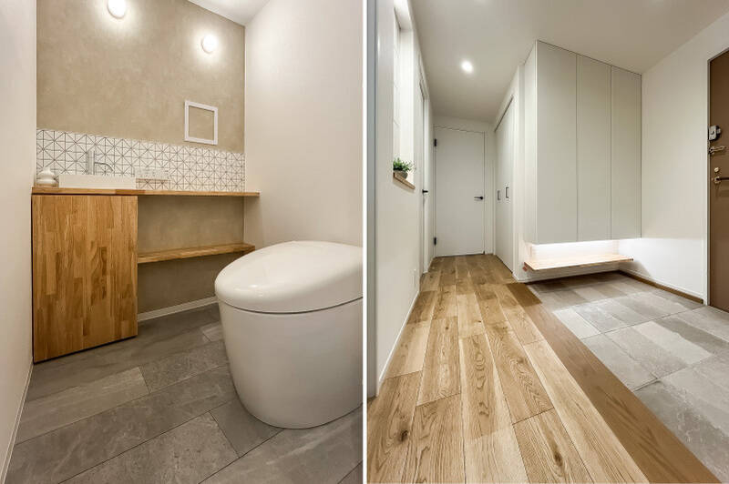 <b>左・</b>独立手洗い器が設置されたトイレスペース。こちらにもアクセントタイルが貼られていて、細かなところまでこだわりが感じられます。／<b>右・</b>玄関はお子さまと並んで靴を履ける、ゆとりのある広さです。