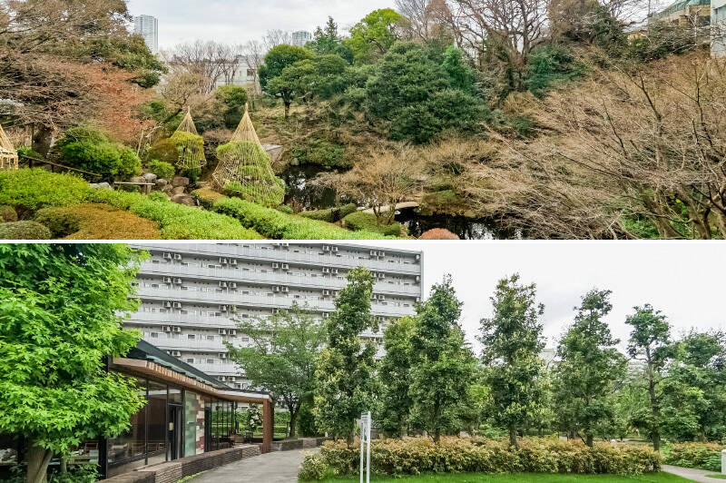 <b>上・</b>舞台は<b>城南五山のひとつである “池田山エリア” </b>。マンションのすぐ隣にある「池田山公園」は、旧岡山藩池田家の下屋敷跡を整備した池泉回遊式の公園です。(徒歩1分)/<b>下・</b>このエリアに広い敷地を構える「NTT東日本 関東病院」。敷地内には緑豊かな広場や、レストラン「池田山garden cafe」(徒歩3分)が併設されています。