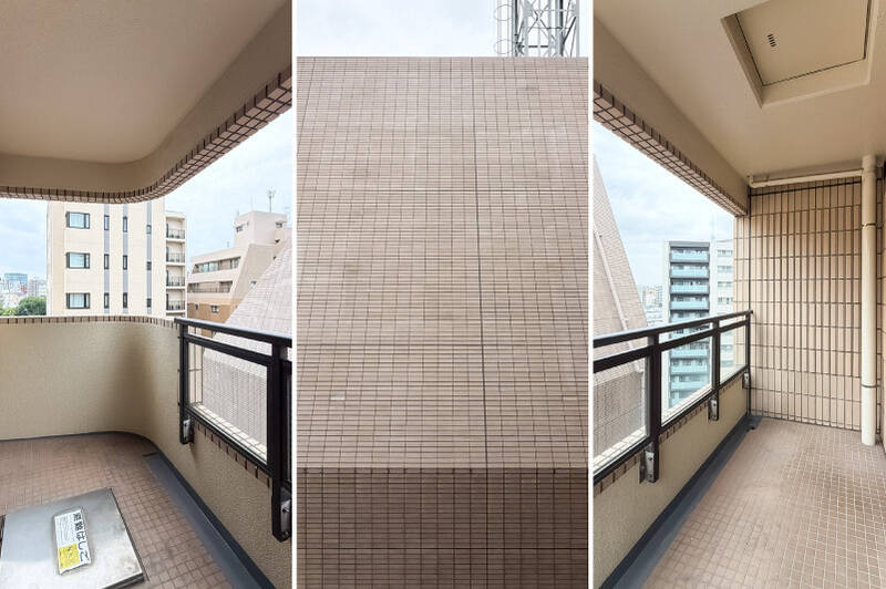 <p>バルコニー正面には、隣接する建物が。奥行きにはゆとりがあります。</p>
