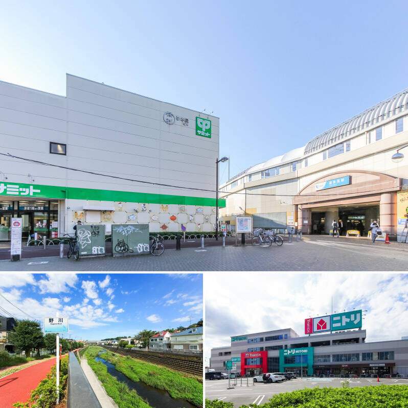 マンションの最寄りは小田急小田原線「喜多見」駅（写真上・徒歩8分）。都心へアクセスしやすい一方で、四季の移ろいを身近に感じられる自然豊かな環境が魅力のエリアです。<p><br></p><p>■ アクセス：「新宿」駅まで乗り換え1回約18分</p><p>■ 写真左下：野川沿いサイクリングロード（徒歩7分）</p><p>■ 写真右下：「ニトリ狛江世田谷通り店」ほかが入る商業施設（徒歩2分）</p>