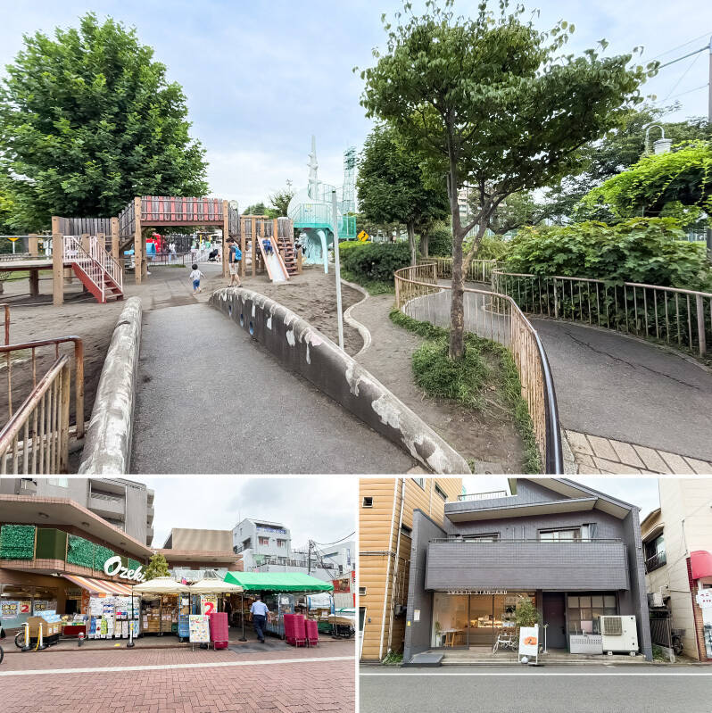 <b>上・</b>徒歩9分の場所にある「東調布公園」をはじめ、周辺には公園が点在しています。お子さまの外遊びやワンちゃんのお散歩など、気分に合わせて行き先を選べますよ◎／<b>左下・</b>周辺の買い物環境も充実。徒歩6分の場所には「オオゼキ 雪が谷店」。ほか、「イオンスタイル御嶽山駅前」では食料品だけでなく日用品も揃います。（徒歩7分）／<b>右下・</b>パティスリー「SWEETS STANDARD（スイーツスタンダード）」。日常のおやつはもちろん、手土産選びにも頼りになりそうです。（徒歩8分）