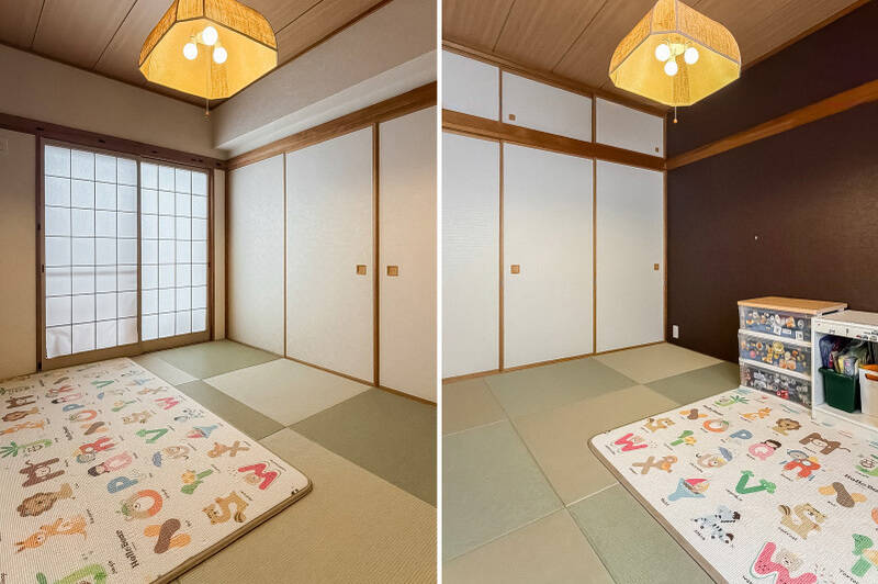 LDKに隣接する和室は、約6帖。縁がないことでモダンな印象になる、琉球畳が採用されています。